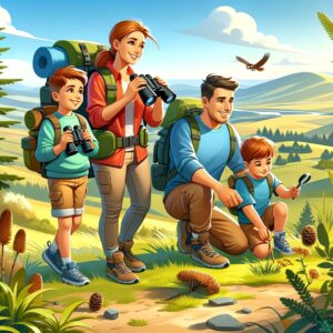 A happy family hiking in nature