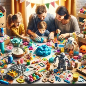 a family engaged in various craft activities