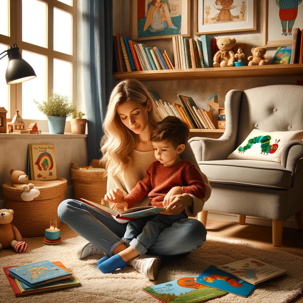 a mom and a 2-year-old child engaged in reading together