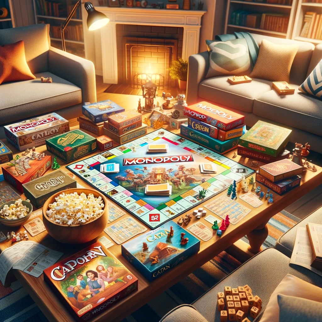 family game night scene featuring a variety of board games spread out on a large table