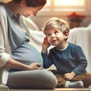 a young boy gently places his ear against his early pregnant mother's belly