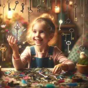 a young girl playfully engaging with a variety of keys