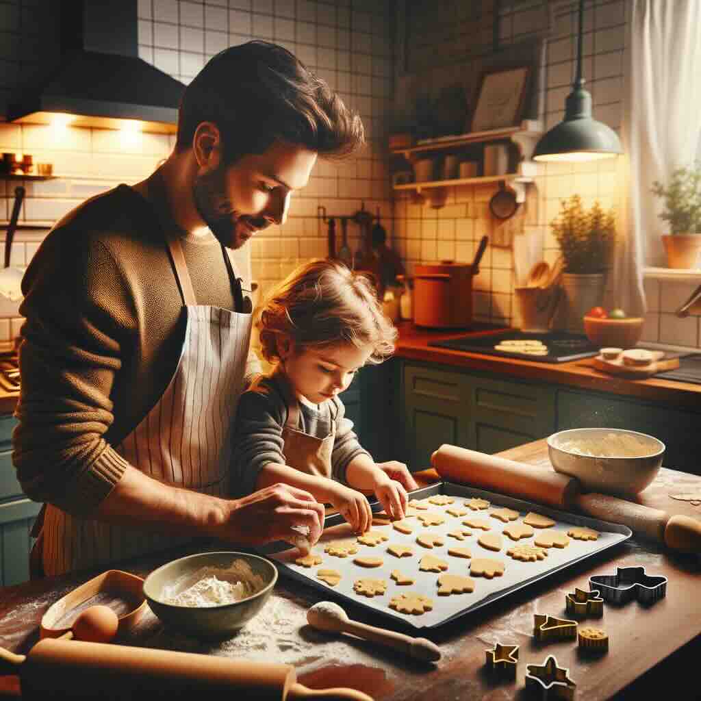 a parent and child baking cookies together