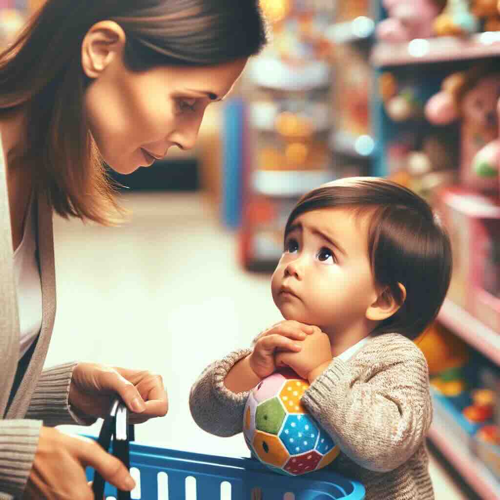 a toddler earnestly pleading with their mother to buy a toy in a toy store